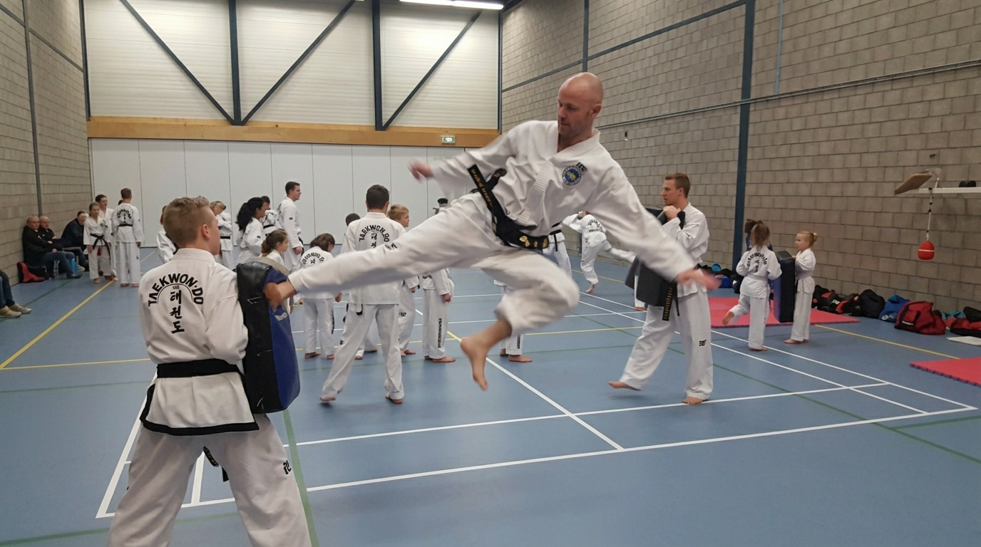 Master Jack de Smit voert een springtrap uit tijdens de training