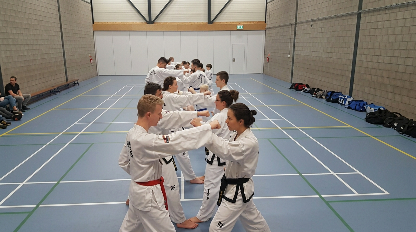 Leden oefenen stapsparring in tweetallen in de sportzaal