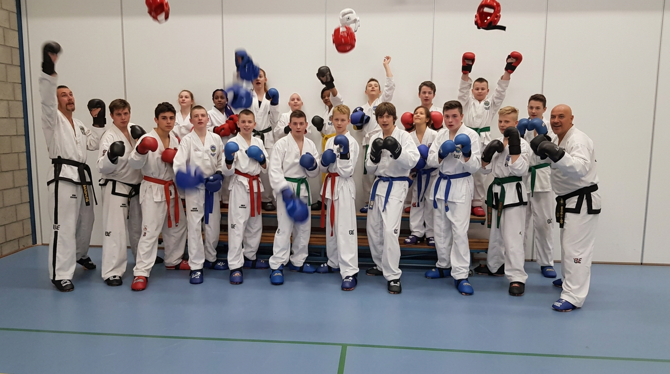 Groep Taekwon-Do sparringsleden met hand- en voetbeschermers