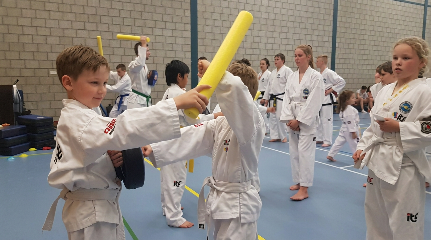 Kinderen oefenen zelfverdediging tegen een aanval met een zachte stok