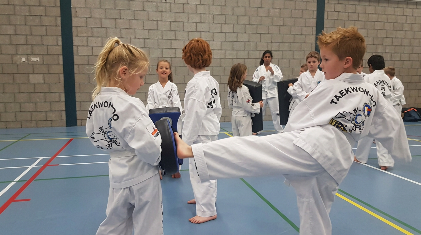 Jeugdleden trappen op stootkussens tijdens de Taekwon-Do les in Schijndel