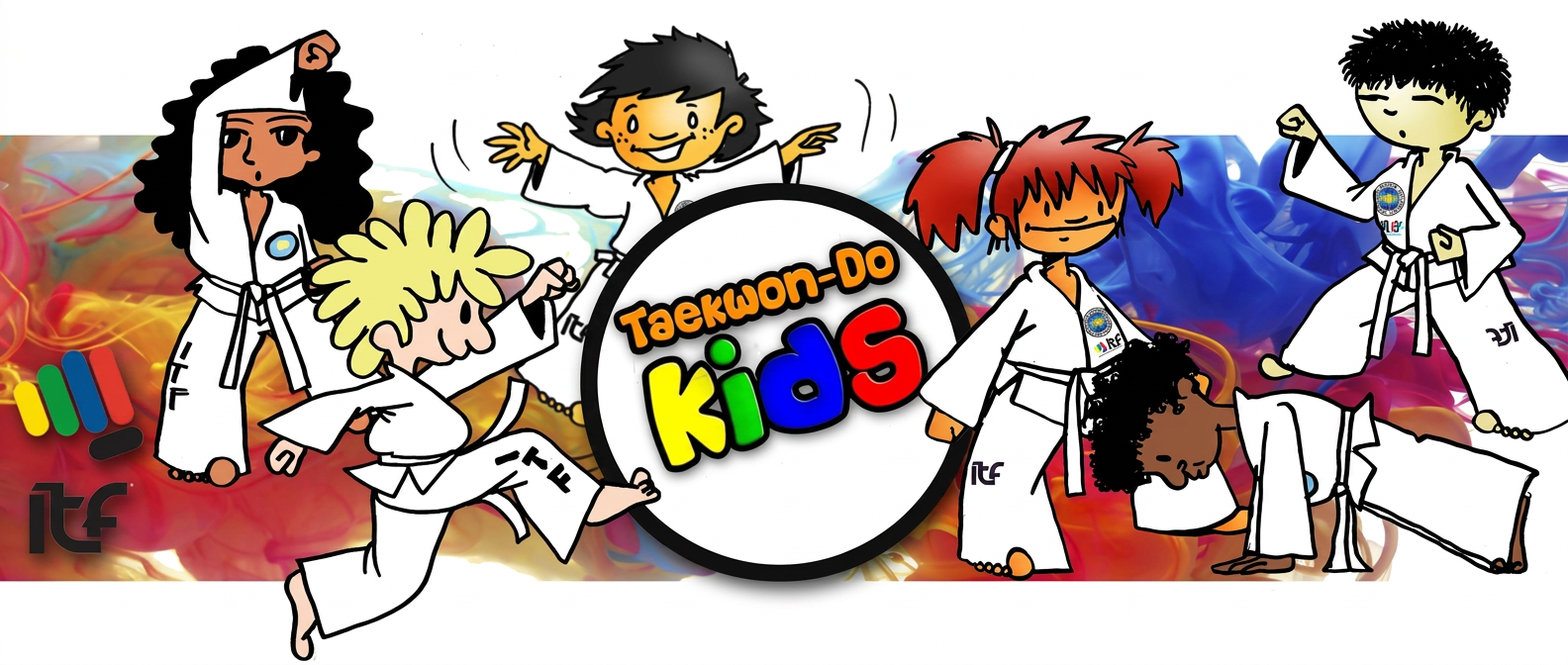 Taekwon-Do Kids illustratie met vijf kinderen in dobok