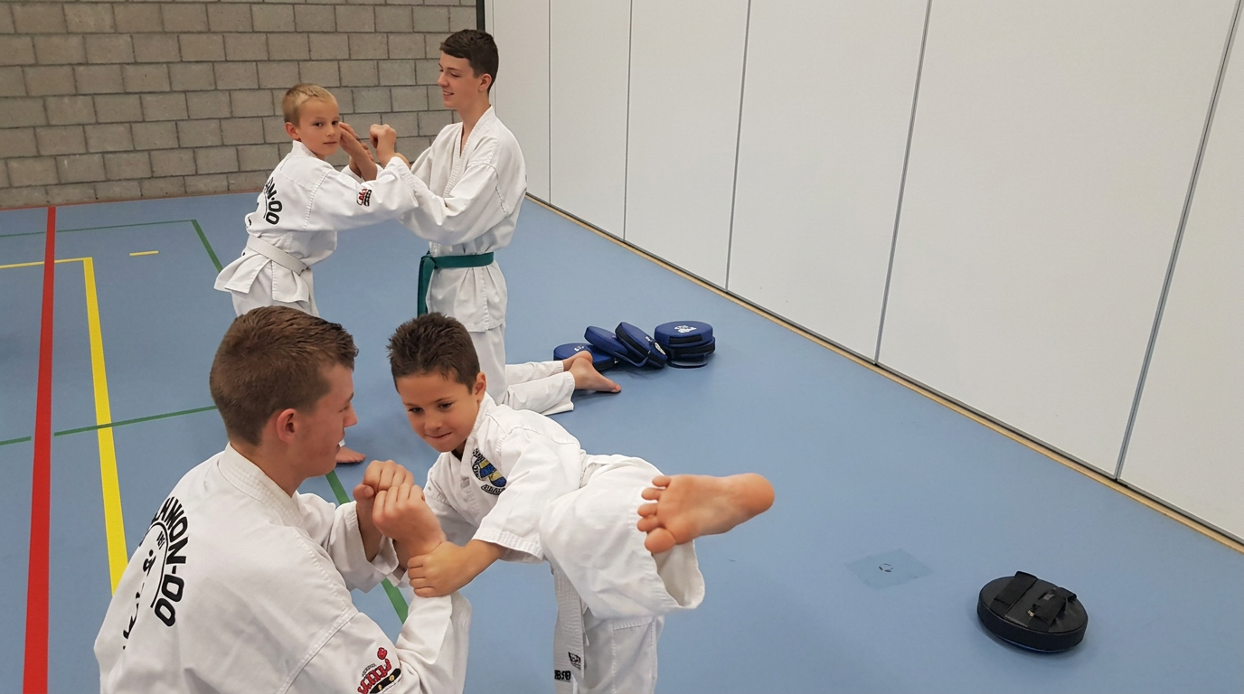 Leden helpen elkaar bij een oefening: respect en samenwerken in de Taekwon-Do les